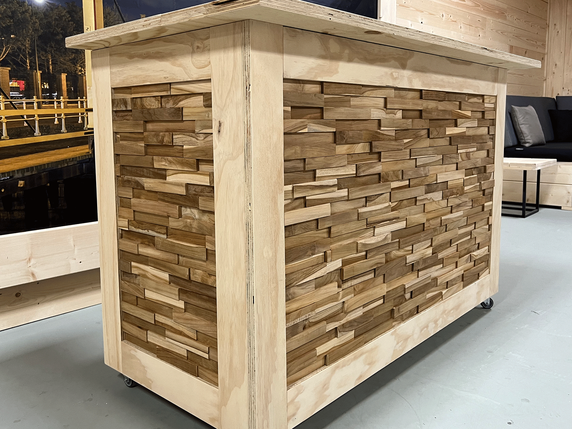 Design Balie en Toonbank – Teak Lamellen Service Meubel - Afbeelding 7