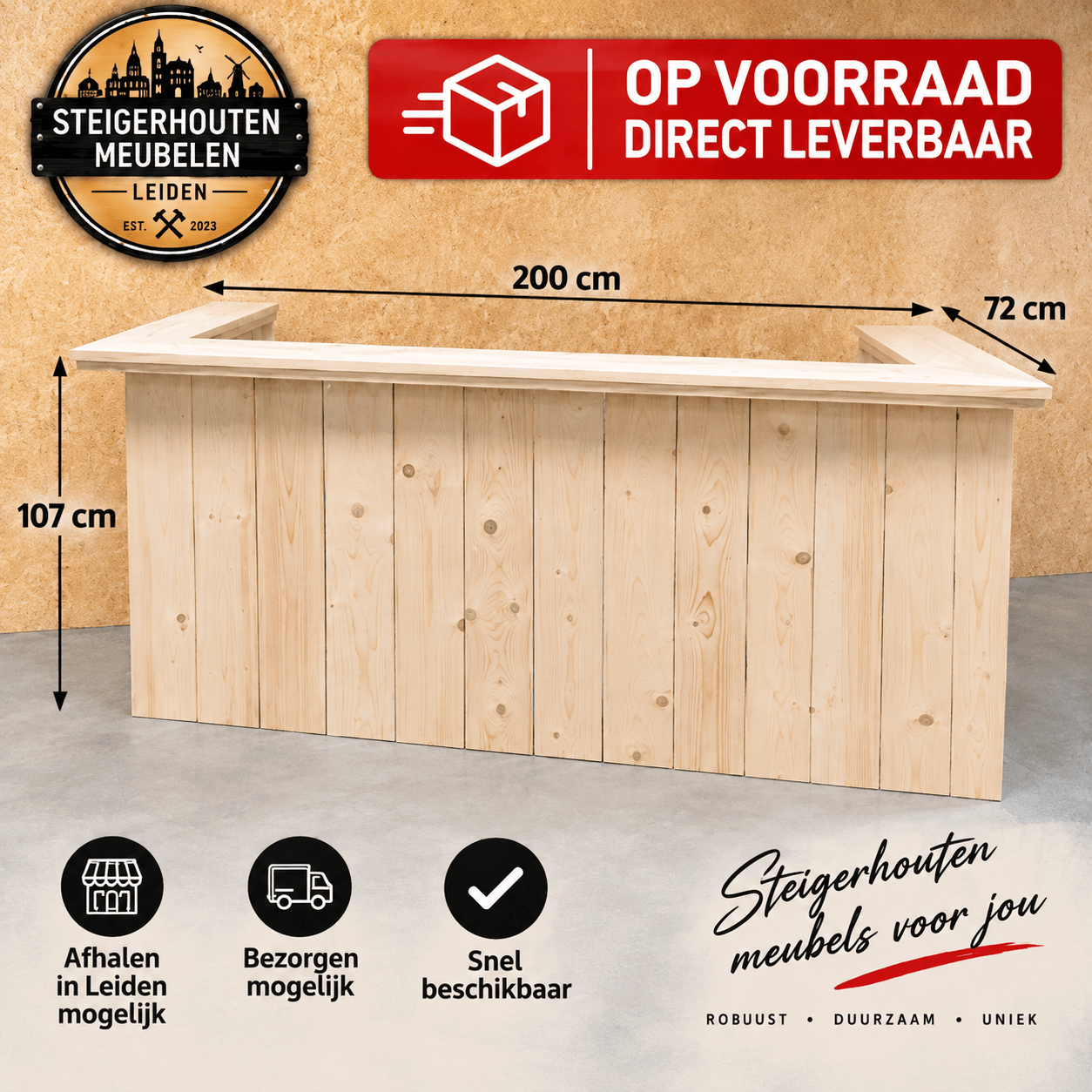 Steigerhouten Bar 200 cm - Direct Leverbaar