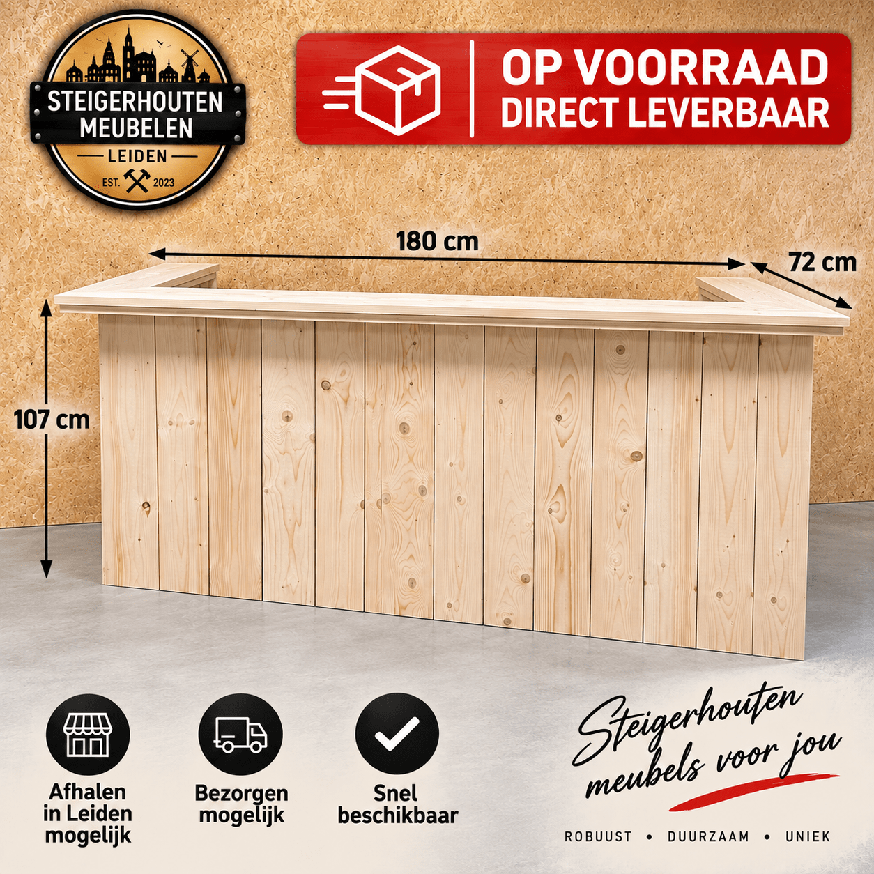 Steigerhouten Bar 180 cm - Direct Leverbaar