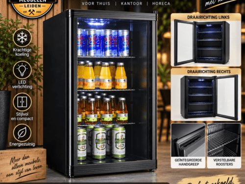 Steigerhouten Meubelen Leiden – Drankenkoeler 88L Zwart met Glazen Deur