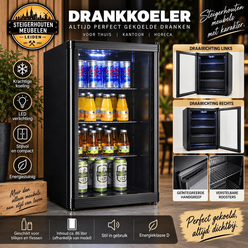 Steigerhouten Meubelen Leiden – Drankenkoeler 88L Zwart met Glazen Deur