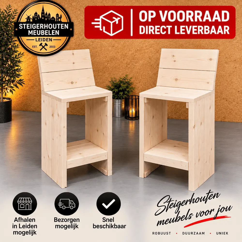Luxe Steigerhouten Barkruk (1st) - Comfortabel Met Rugleuning