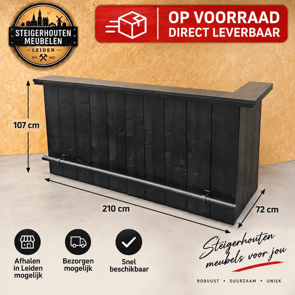 Steigerhouten Muur Bar 210 cm Zwart - Direct Leverbaar