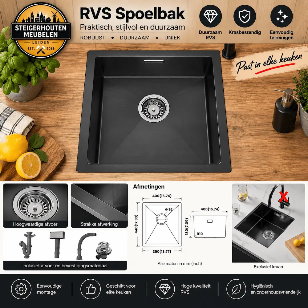SML Zwarte RVS Spoelbak 40 × 44 cm met Afvoer